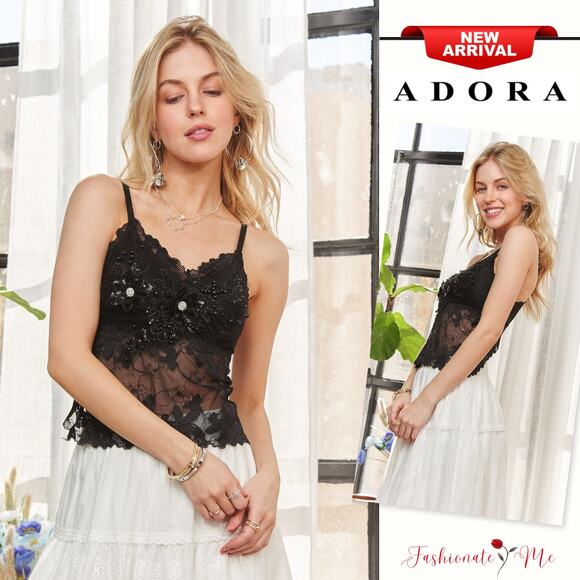 ADORA Rhinestone Embellishments Accent Crisscross Back Lace Bralette Top | Black - Picture 1 of 7